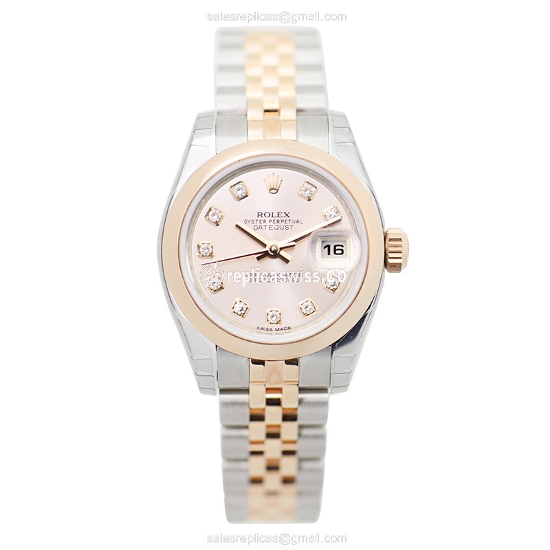 Rolex Datejust Lady Replica - Automatic - 18kt Rose Gold & Steel - Pink Dial - Silver Strap - View 2