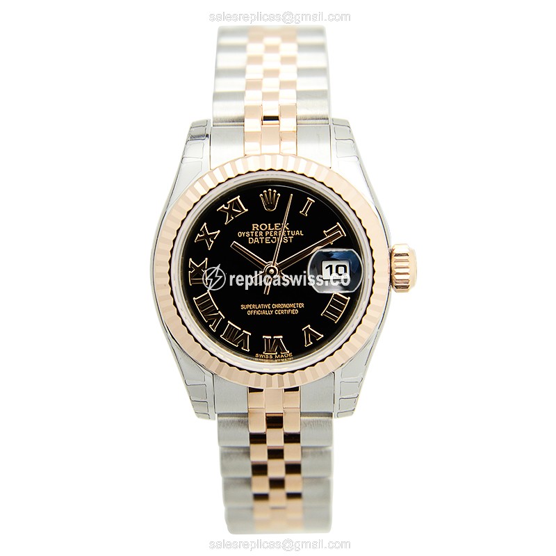 Rolex Datejust Lady Replica - 18kt Rose Gold - Steel Case, Black Dial - View 2
