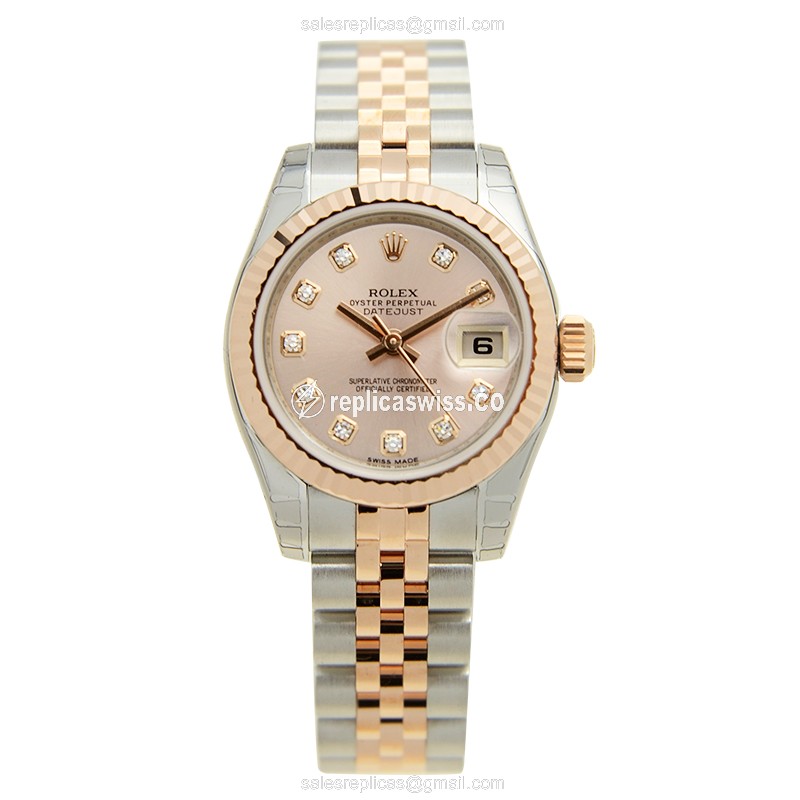 Rolex Datejust Lady Replica - Auto - Pink Dial - 18kt Rose/Steel - Silver Clasp - View 2