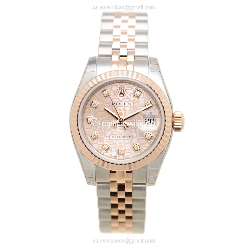 Rolex Datejust Lady Replica - Automatic - 18kt Rose Gold & Steel - Pink Dial - Silver Strap - View 2