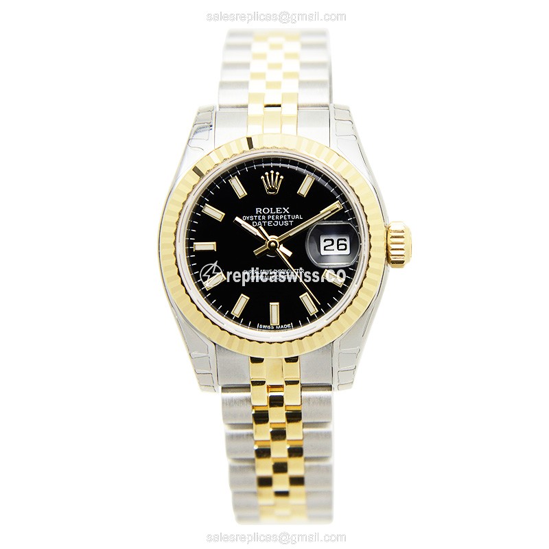 Rolex Datejust Replica - Automatic - 18kt Gold Case - Black Dial on Gold Strap - View 2