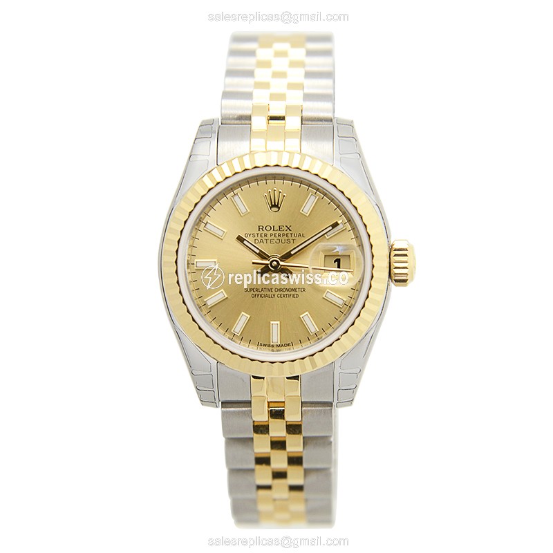 Rolex Lady Datejust Replica - Automatic - 18kt Gold & Steel Case - Gold Dial - Silver Clasp & Strap - View 2