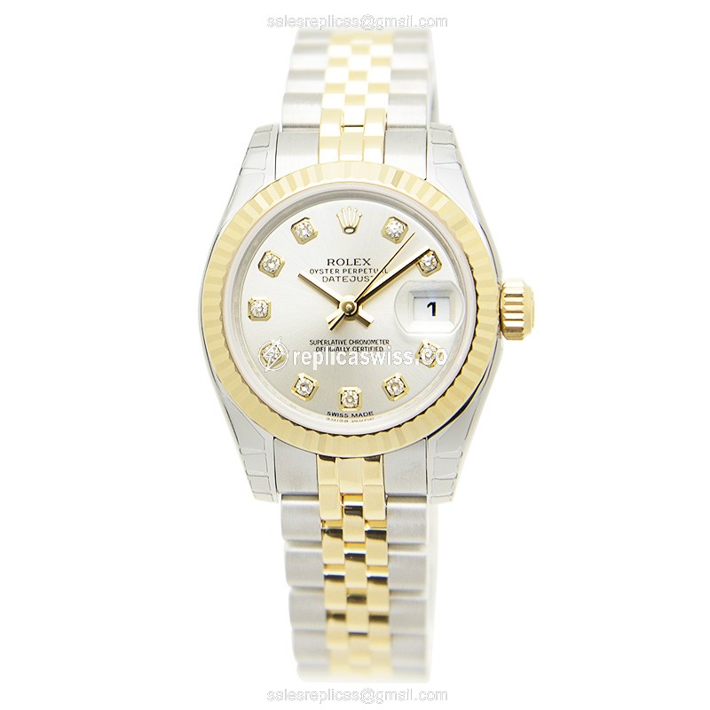 Rolex Datejust Lady Replica | Automatic | 18kt Gold Case, Silver Dial | Silver Clasp | 18kt Steel Strap - View 2