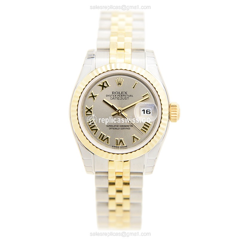 Rolex Datejust Lady Replica - Automatic - 18kt Gold & Steel - Gray Dial - Silver Strap - View 2