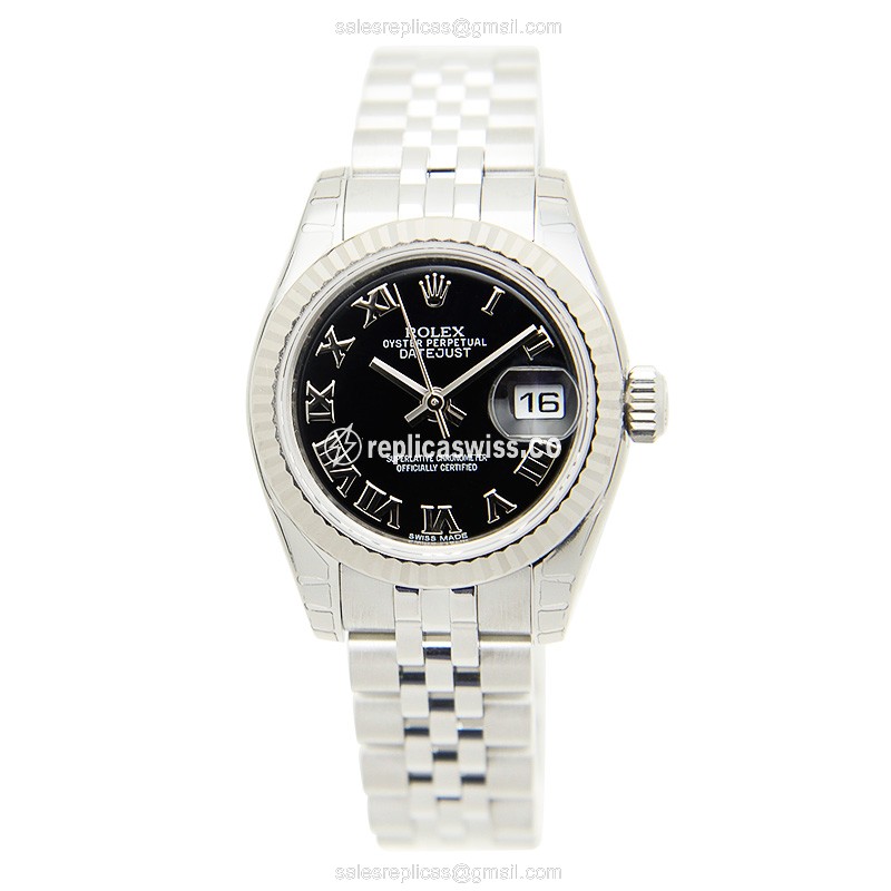 Rolex Datejust Lady Replica - Automatic - White Gold & Steel Case - Black Dial - View 2