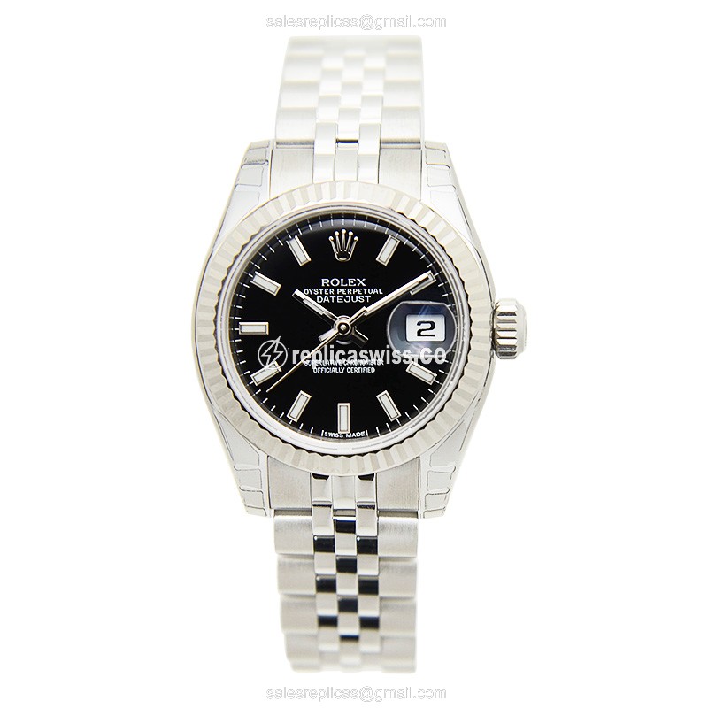 Rolex Datejust Lady Replica - Automatic - White Gold & Steel Case - Black Dial - View 2