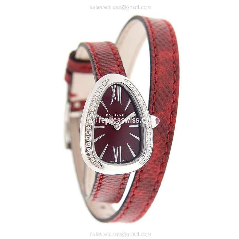 Bulgari 102780 SERPENTI Quartz - Red Dial - Diamond Accents - Buckle Clasp - Red Skin Strap - View 2