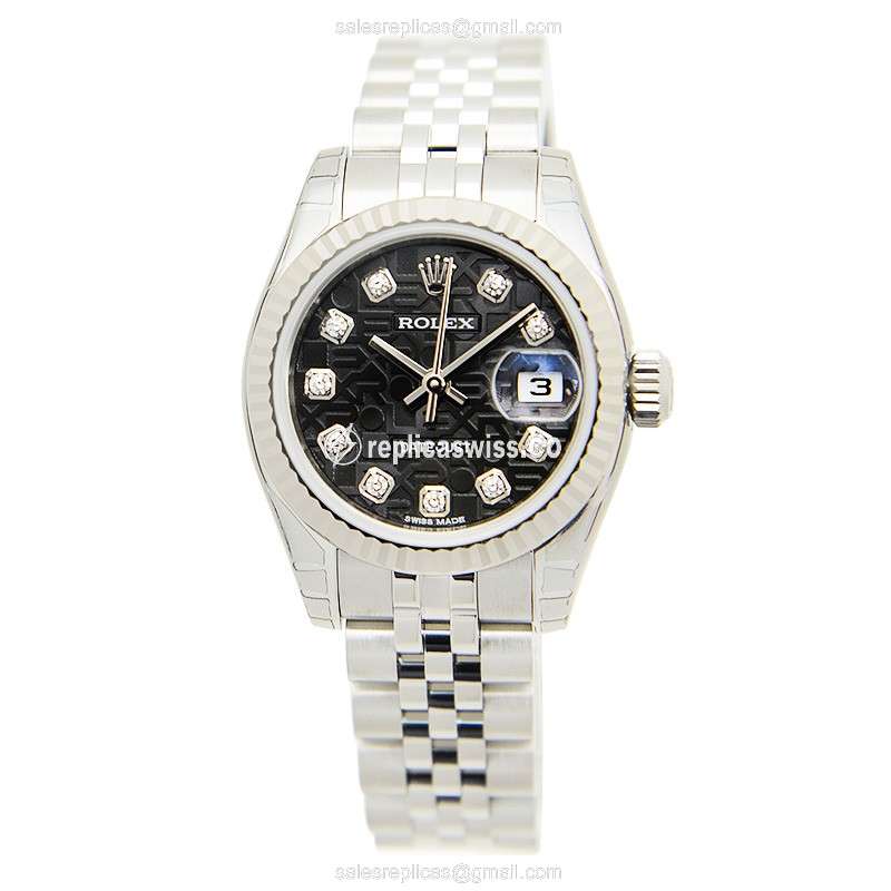 Rolex Lady Datejust Replica - Automatic - 18kt White Gold & Steel - Black Dial - Silver Steel Strap - View 2