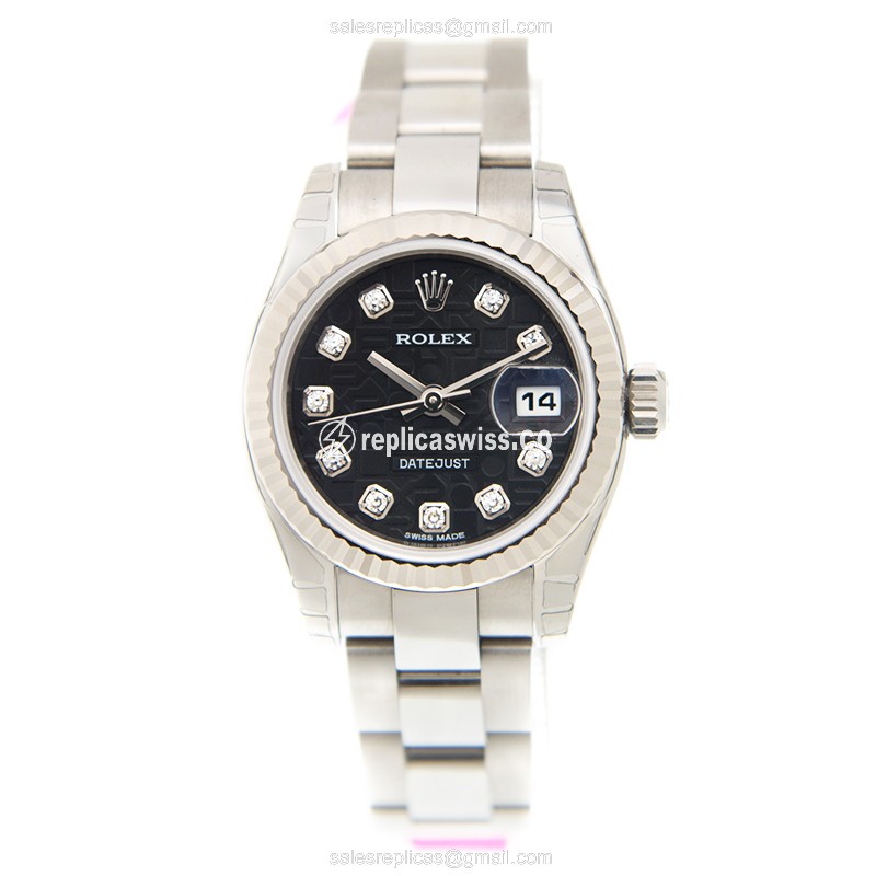 Rolex Lady Datejust Replica - Automatic - 18kt White Gold - Black Dial - Silver Steel Clasp - View 2