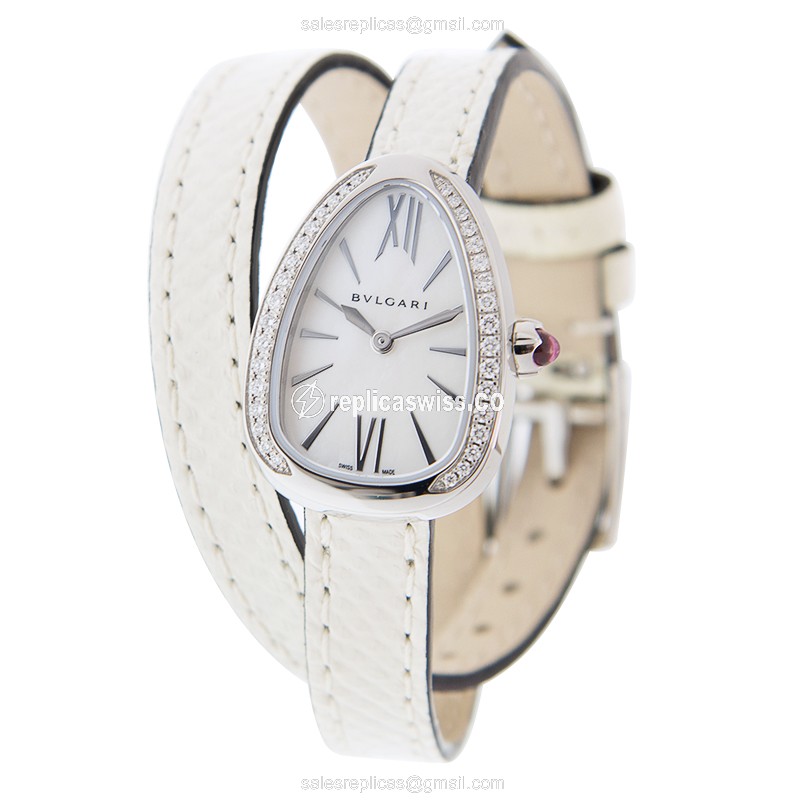 Bulgari Serpenti Quartz Replica - Stainless Steel Case - White Dial - White Skin Strap - Buckle Clasp - View 2