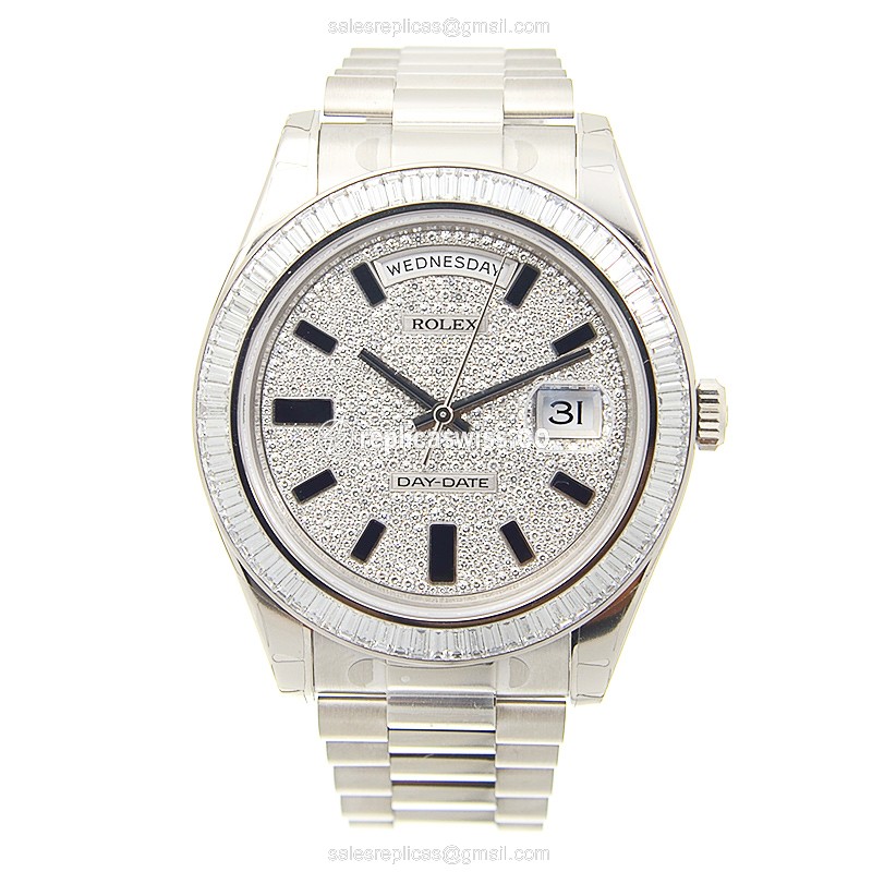Rolex DAY-DATE Replica | Automatic | 18kt White Gold Case | Diamond Bezel - View 2