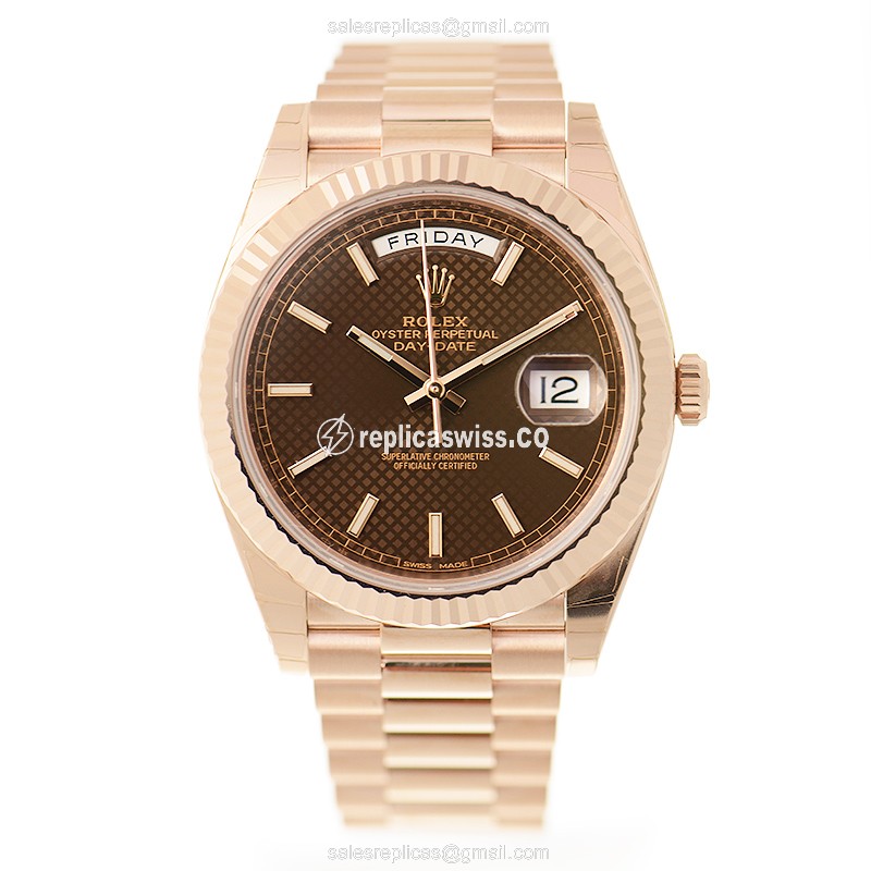 Rolex DAY-DATE Replica - Automatic - 18kt Rose Gold - Brown Dial - Gold Strap - View 2