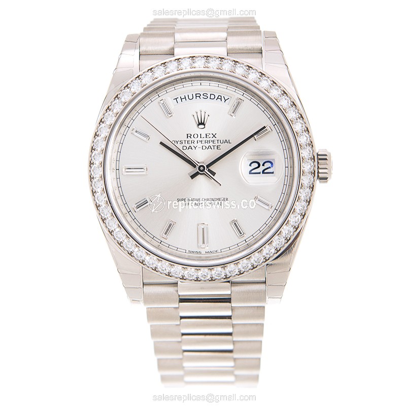 Rolex DAY-DATE Replica - Automatic - White Gold - Diamond Bezel - Silver Dial - View 2