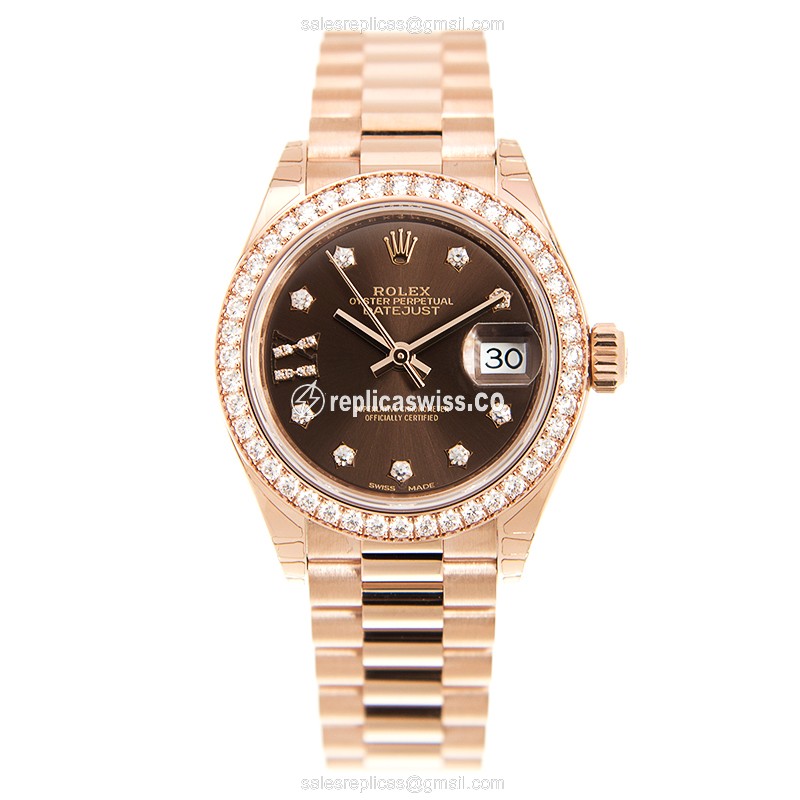 Rolex Lady Datejust Replica - Automatic - 18kt Rose Gold Case - Brown Dial on Gold Strap - View 2