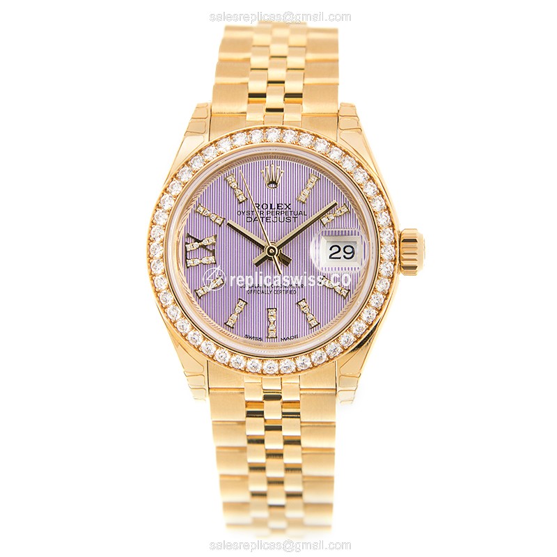Rolex Lady Datejust Replica - Automatic - 18kt Gold Case, Purple Dial on Gold Strap - View 2