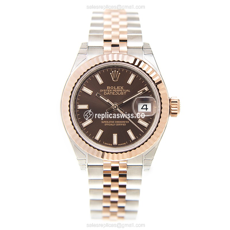 Rolex Lady Datejust Replica: Automatic - Rose Gold Case - Brown Dial on Gold Strap - View 2