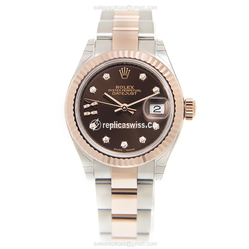 Rolex Lady Datejust Replica - Automatic - 18kt Rose Gold & Steel Case - Brown Dial - View 2