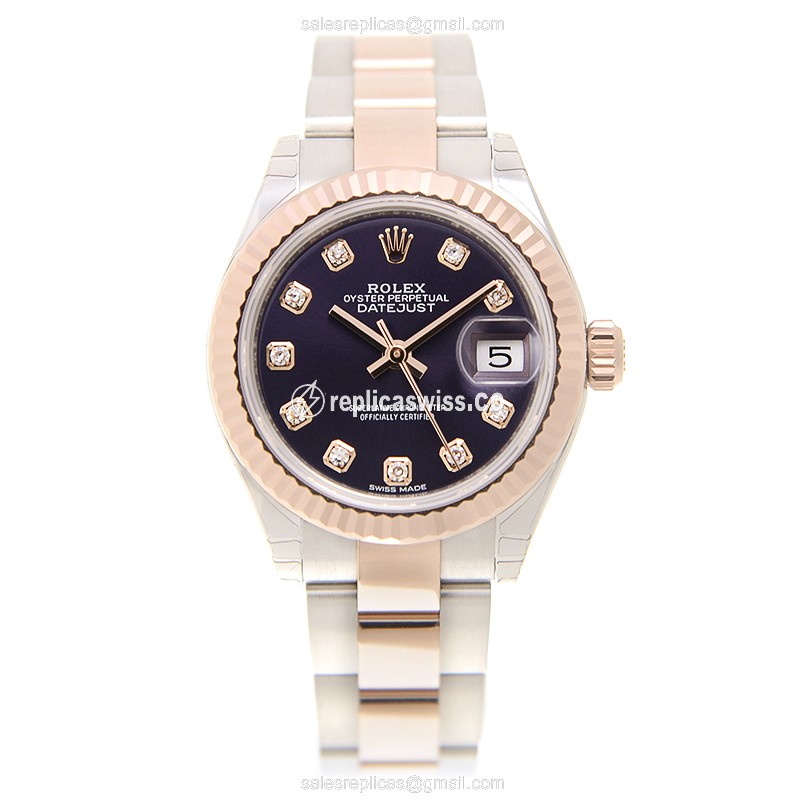 Rolex Datejust Replica: Automatic 18kt Rose & Steel Case - Purple Dial - View 2