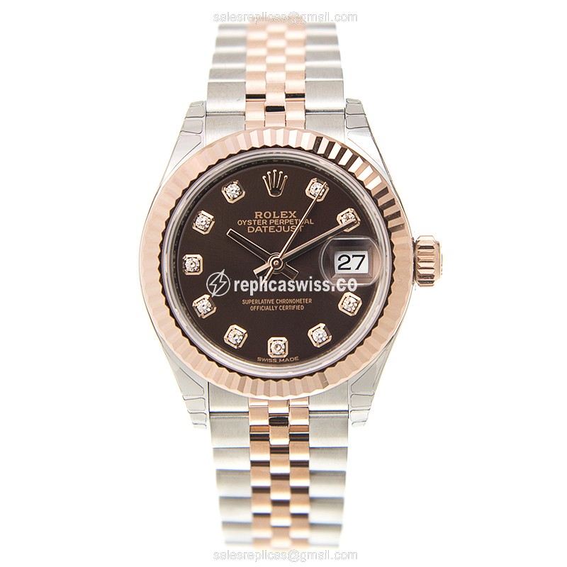 Rolex Lady Datejust Replica - Automatic - 18kt Rose Gold Case - Brown Dial on Steel Strap - View 2