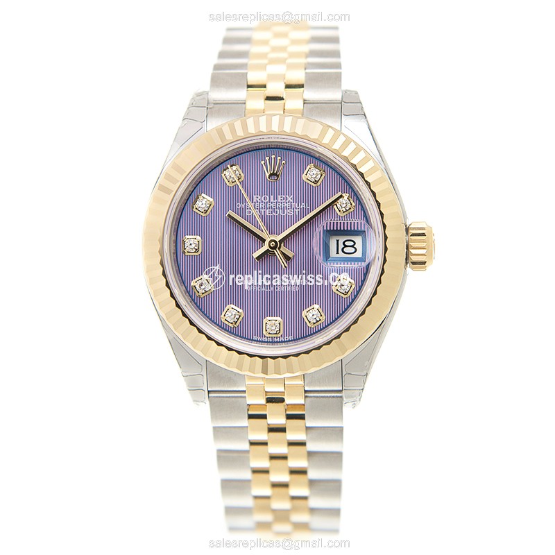 Rolex Datejust Lady Replica | Automatic | 18kt Gold Case | Purple Dial | Gold Clasp & Steel Strap - View 2
