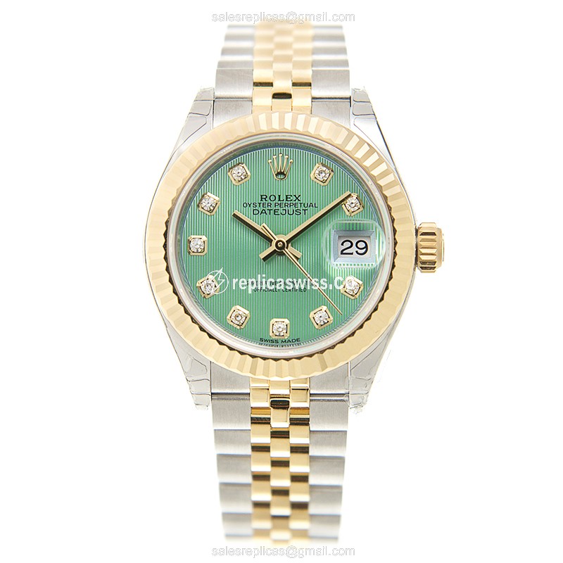 Rolex Lady Datejust Replica - Automatic - 18kt Gold & Steel - Green Dial - Gold Strap - View 2