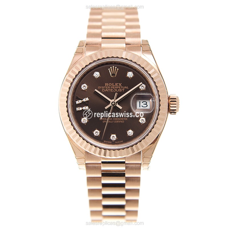 Rolex Lady Datejust Replica - Automatic - 18kt Rose Gold - Brown Dial - Gold Strap - View 2