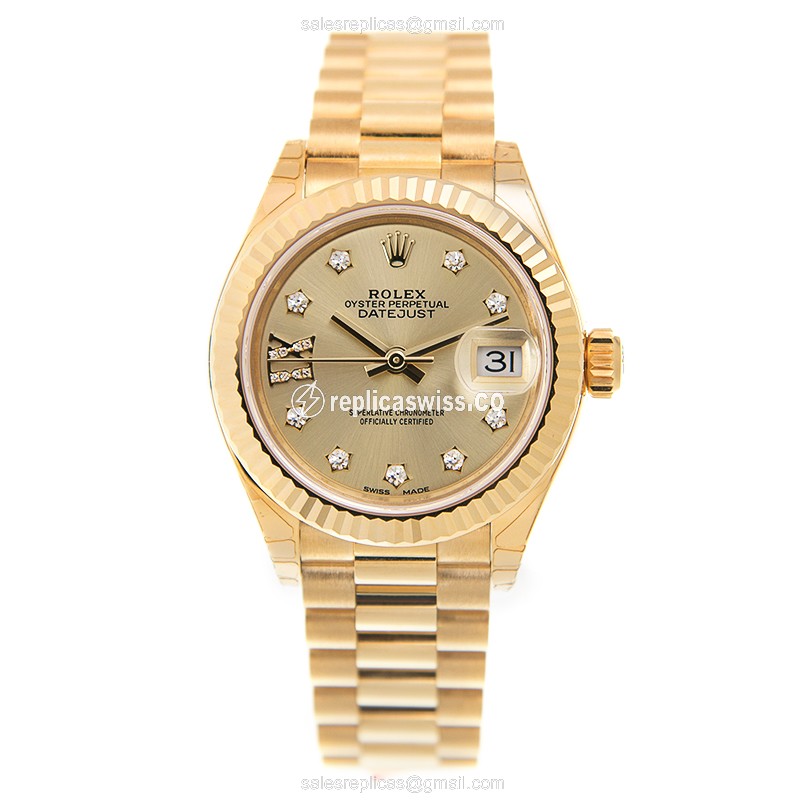 Rolex Lady Datejust Replica - 18kt Gold Case - Automatic - Gold Dial - Gold Strap - View 2
