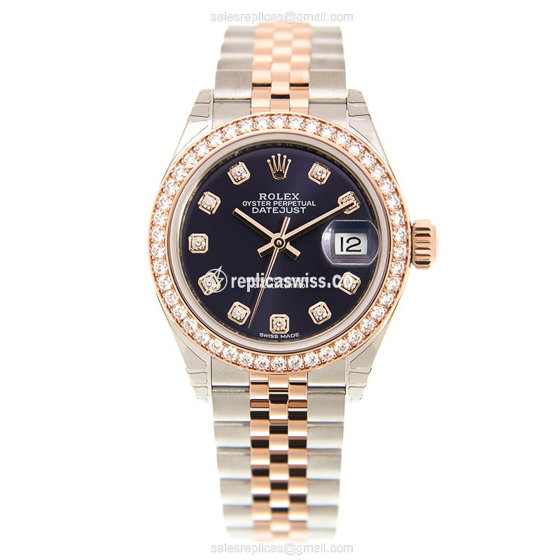 Rolex Datejust Replica - Automatic - 18kt Rose Gold - Purple Dial, Diamond Clasp & Gold Steel Strap - View 2