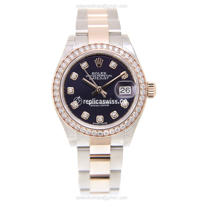 Rolex Lady Datejust Replica - Automatic 18kt Rose - Purple Dial - Gold Clasp & Steel Strap - View 2