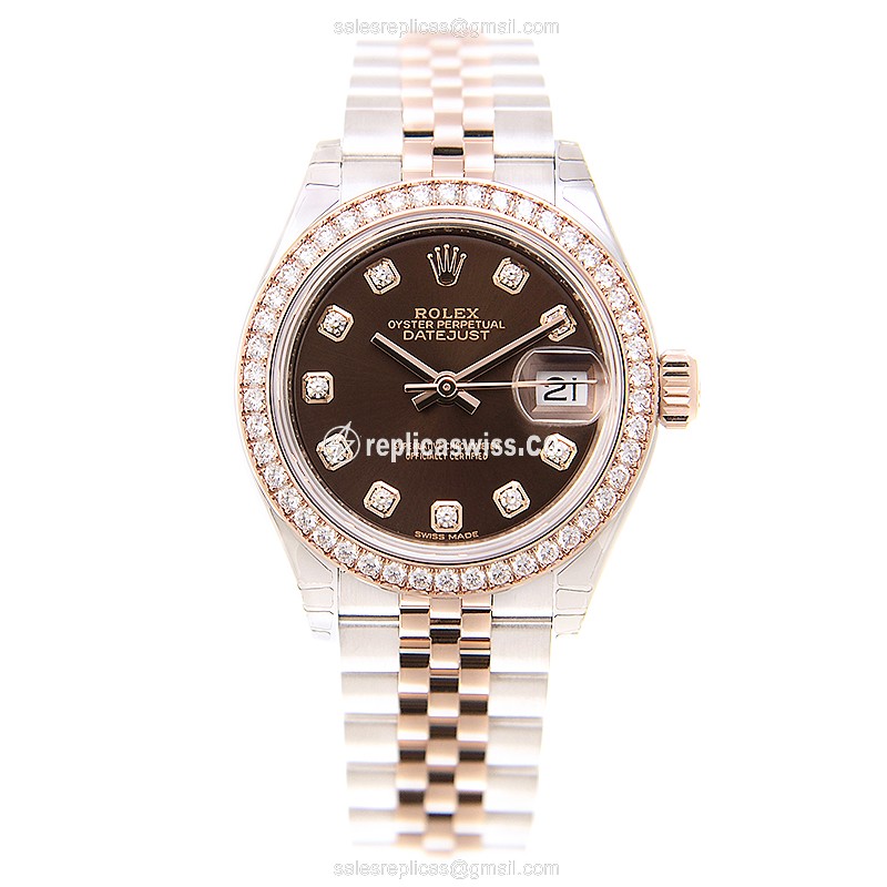 Rolex Lady Datejust Replica - Automatic - Brown Dial - 18kt Gold Case & Strap - Diamond Bezel - View 2