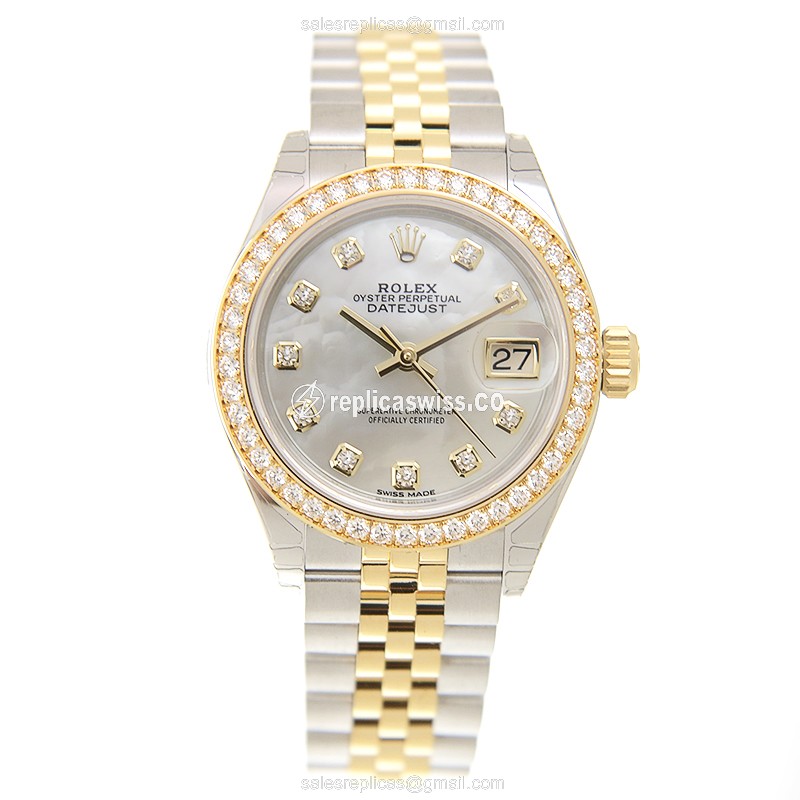 Rolex Lady Datejust Replica - Automatic - 18kt Gold & Diamond - White Dial - Gold Strap - View 2