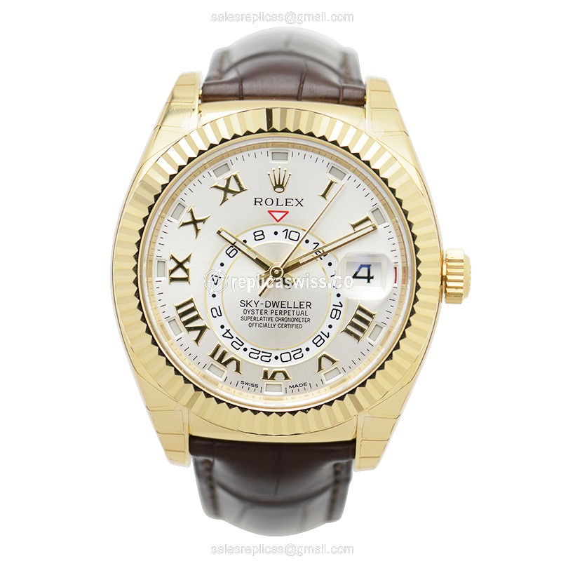 Rolex Sky-Dweller Replica - Automatic - 18kt Yellow Gold Case - Silver Dial - Brown Alligator Strap - View 2