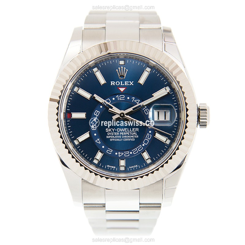 Rolex Sky-Dweller Replica - Automatic - 18kt White Gold & Steel Case - Blue Dial on Silver Steel Strap - View 2
