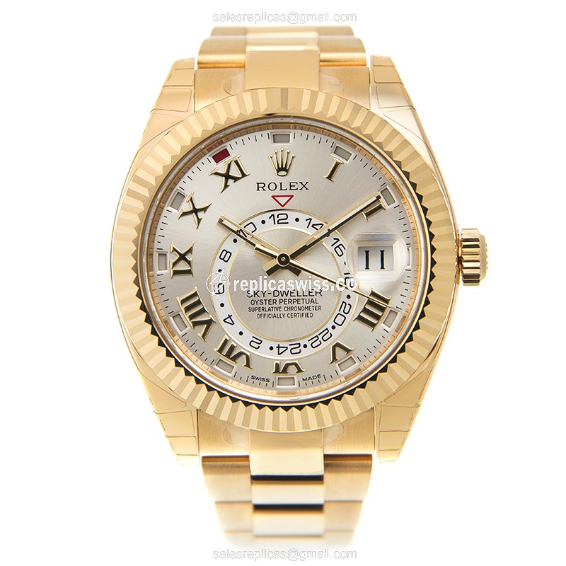 Rolex Sky-Dweller Replica - Auto - 18kt Yellow Gold - Silver Dial - Gold Strap - View 2