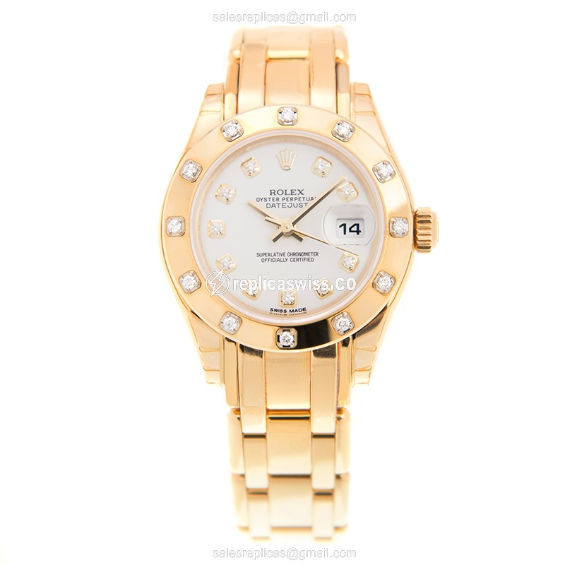 Rolex Datejust Lady Replica - Gold Case - White Dial - Gold Strap - View 2