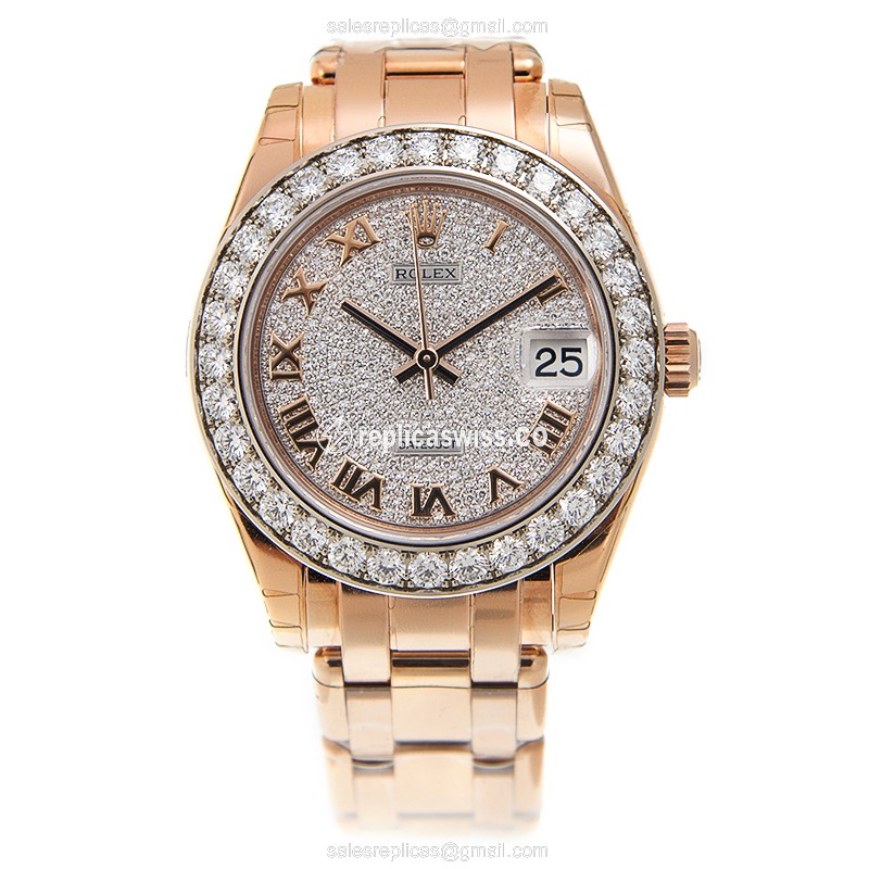 Rolex Lady Datejust Replica - Automatic - 18kt Rose Gold Case - Diamonds - Silver Dial - View 2