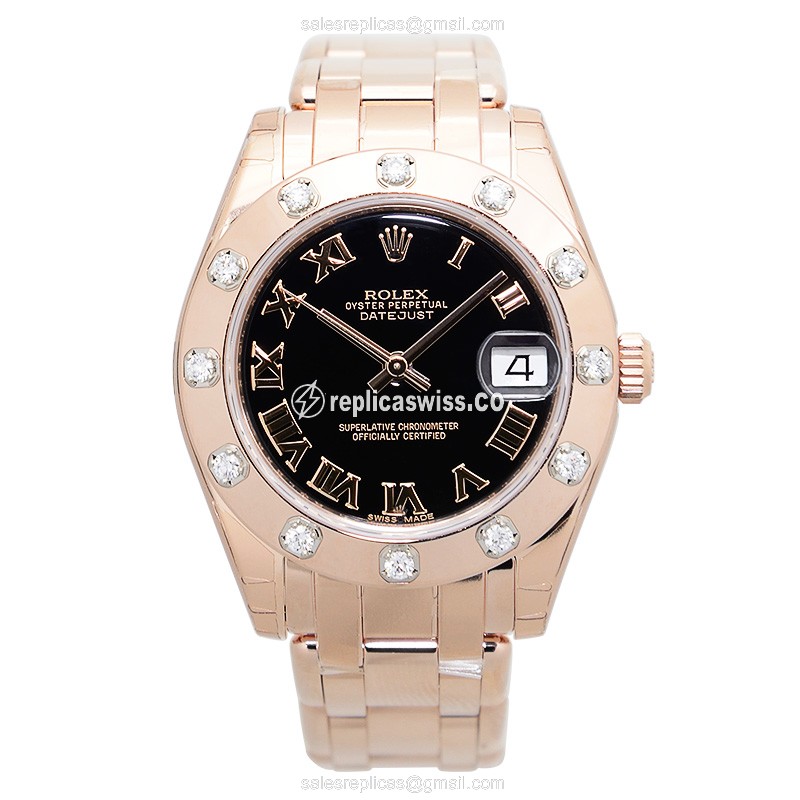 Rolex Lady Datejust Replica - Automatic - 18kt Rose Gold - Black Dial - Gold Strap - View 2