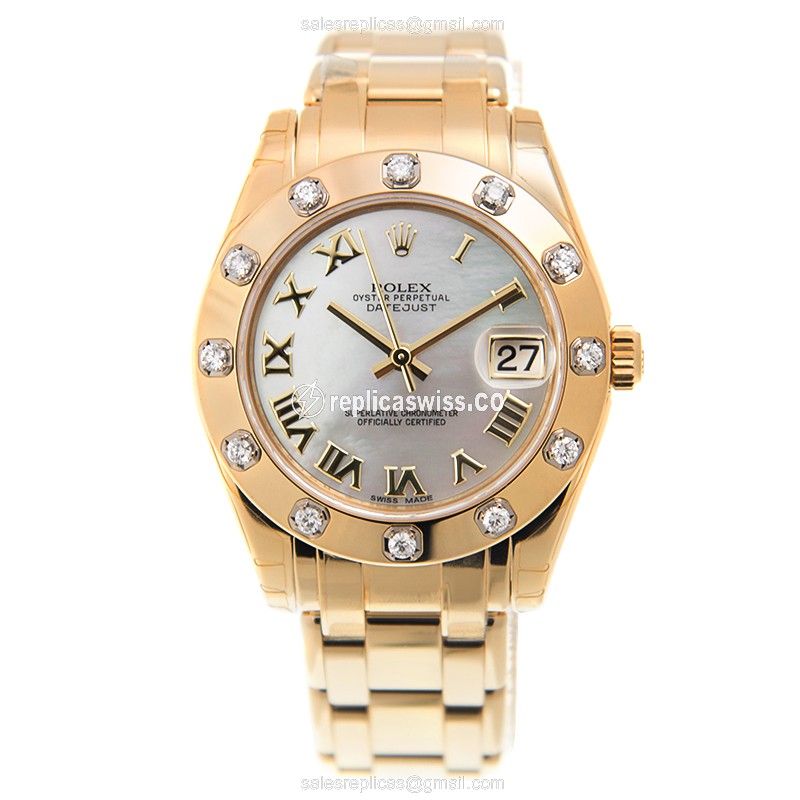 Rolex Lady Datejust Replica - Automatic - 18kt Gold Case - Diamond Bezel - White Dial - View 2