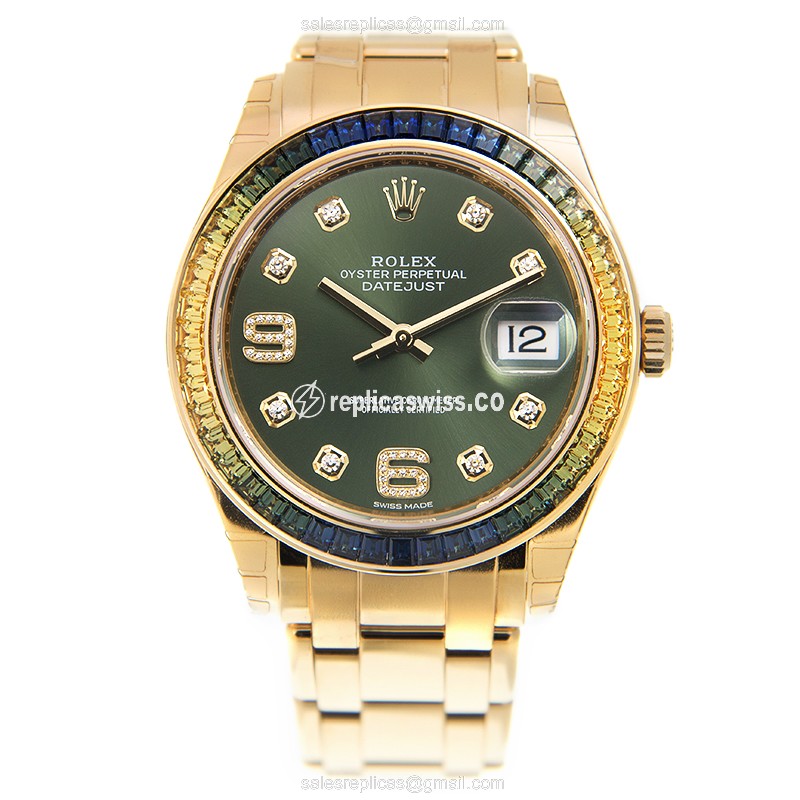 Rolex DATEJUST Replica - Automatic - 18kt Gold Case, Diamond Bezel - Dark Green Dial - View 2