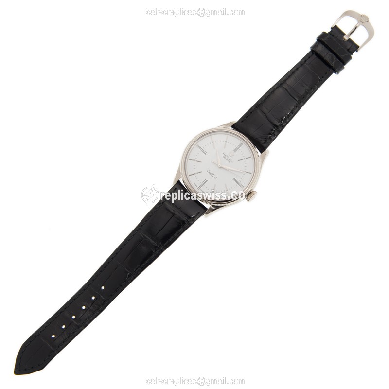 Rolex 50509 Cellini Series Replica - Auto - 18kt White Gold - White Dial - Black Leather Strap - View 2