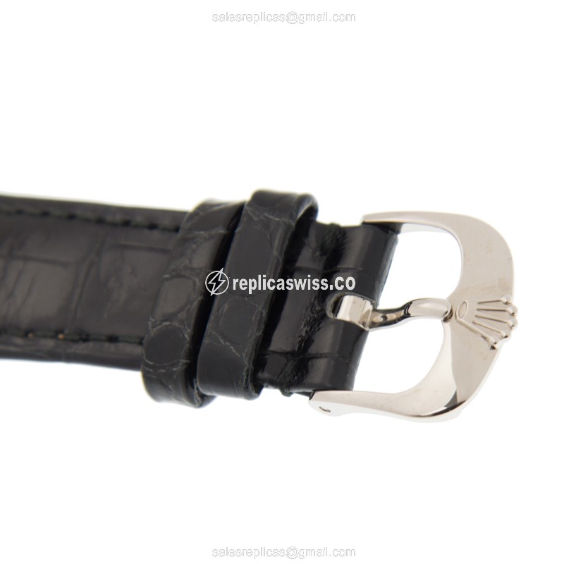Rolex 50509 Cellini Series Replica - Auto - 18kt White Gold - White Dial - Black Leather Strap - View 4