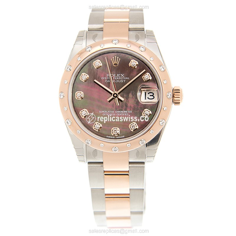 Rolex Lady Datejust Replica - 18kt Rose/Steel - Automatic - Black Dial - Gold/Steel Clasp - View 2