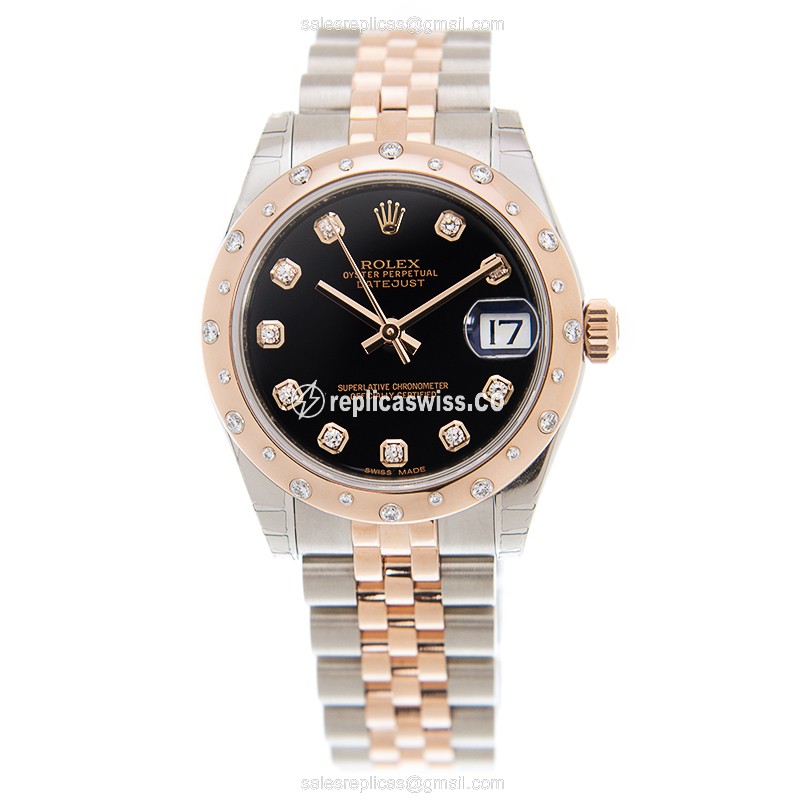 Rolex Datejust Replica - Automatic - 18kt Rose Gold & Steel - Black Dial, Gold Clasp - View 2