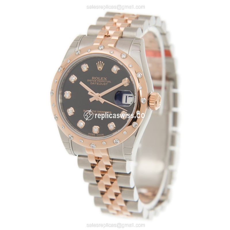 Rolex Datejust Replica - Automatic - 18kt Rose Gold & Steel - Black Dial, Gold Clasp - View 3