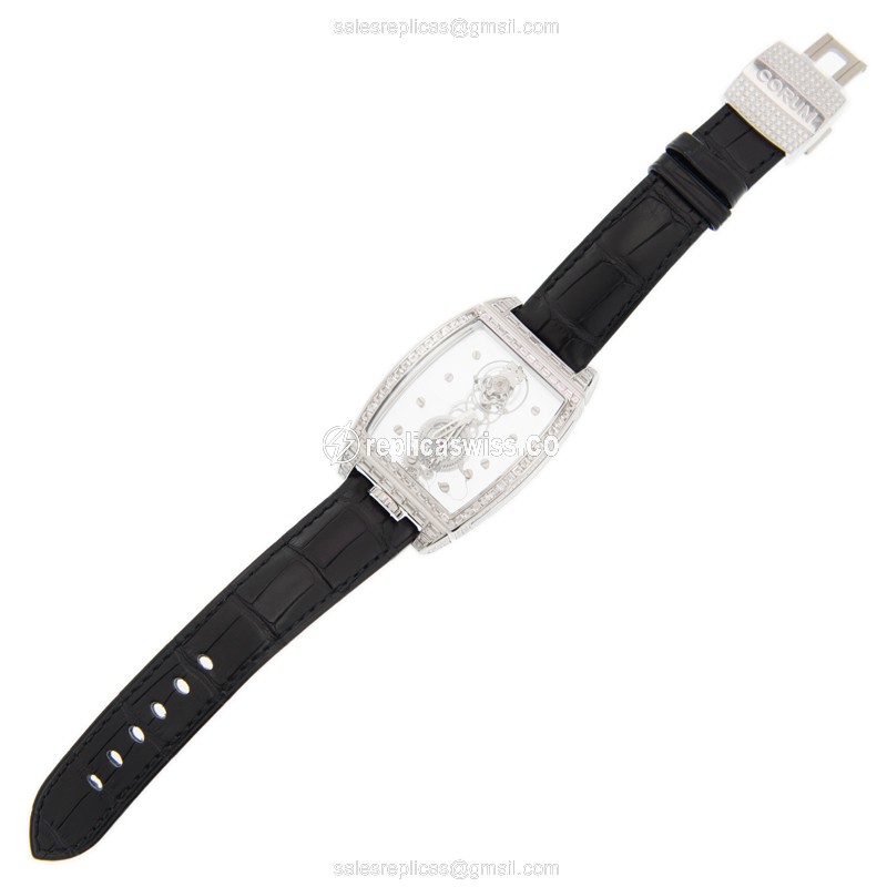 Corum Bridge Replica - Manual Wind - 18kt White Gold - Diamond Skull - Black Alligator Strap - View 2