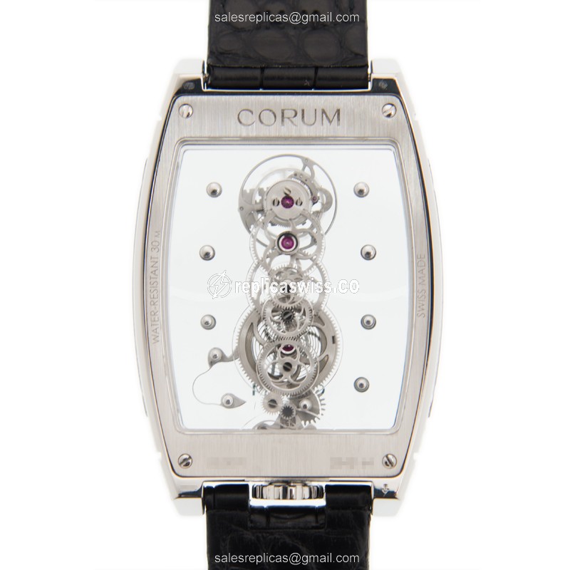 Corum Bridge Replica - Manual Wind - 18kt White Gold - Diamond Skull - Black Alligator Strap - View 3