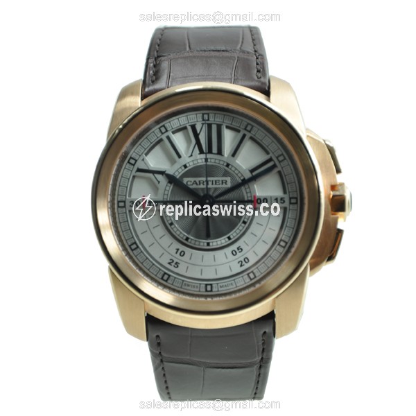 Cartier W7100004 Replica - Manual Wind - 18kt Rose Gold - Gray Dial - Brown Alligator Strap - View 2