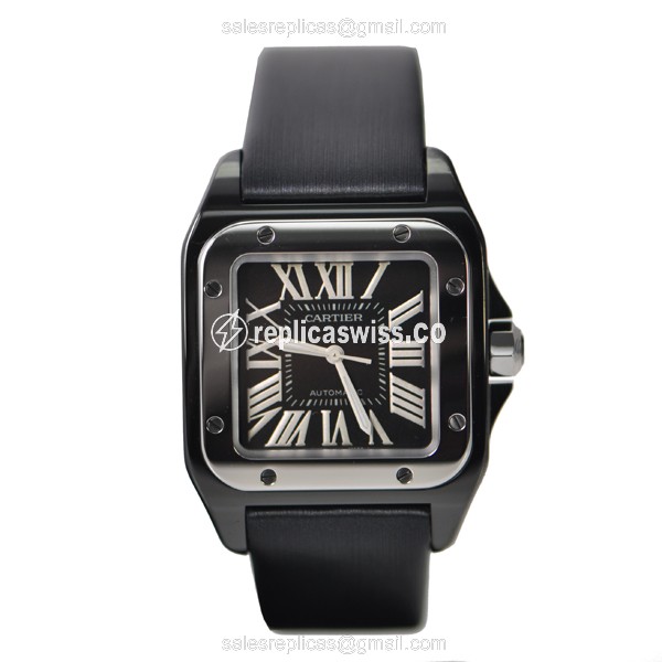 Cartier Santos Replica - Automatic - Black Dial - Silk Strap - Clasp - 40mm - View 2