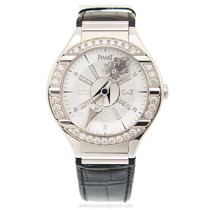 Piaget Polo Replica - Manual Wind - 18kt White Gold - Diamond Set - Silver Dial - Alligator Black Strap - View 2