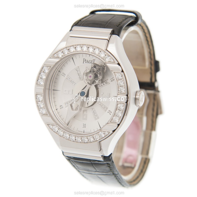 Piaget Polo Replica - Manual Wind - 18kt White Gold - Diamond Set - Silver Dial - Alligator Black Strap - View 3